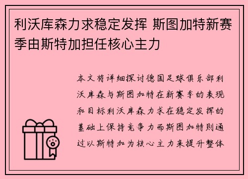 利沃库森力求稳定发挥 斯图加特新赛季由斯特加担任核心主力