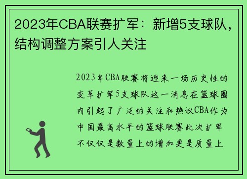 2023年CBA联赛扩军：新增5支球队，结构调整方案引人关注