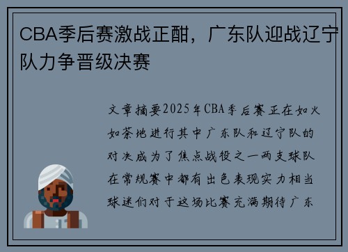 CBA季后赛激战正酣，广东队迎战辽宁队力争晋级决赛
