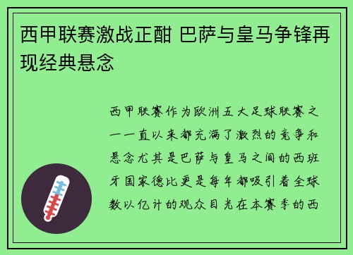 西甲联赛激战正酣 巴萨与皇马争锋再现经典悬念